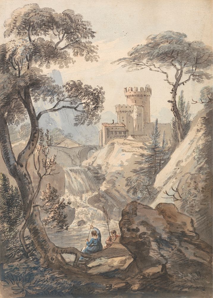 Italianate Landscape with Castle, Cascade and Anglers by Paul Sandby