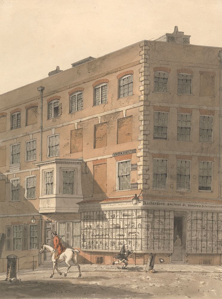 York House, the corner of Villiers Street and the Strand, with Richardson's Ancient and Modern Print Warehouse in the…