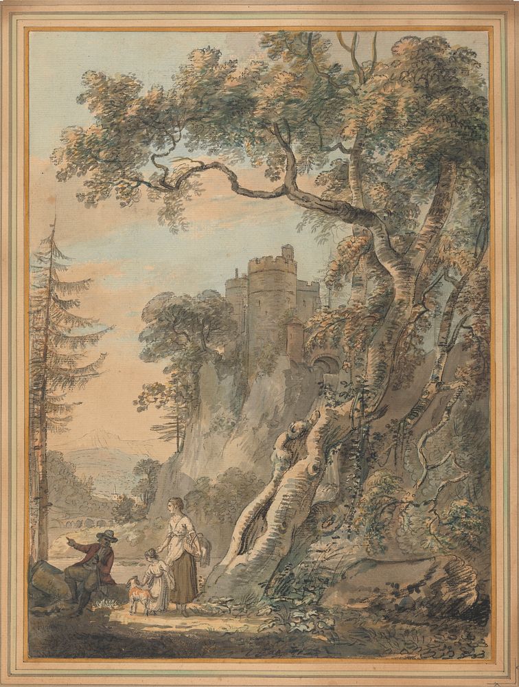 Romantic Landscape - Peasants at the Foot of a Castle on a Crag by Paul Sandby