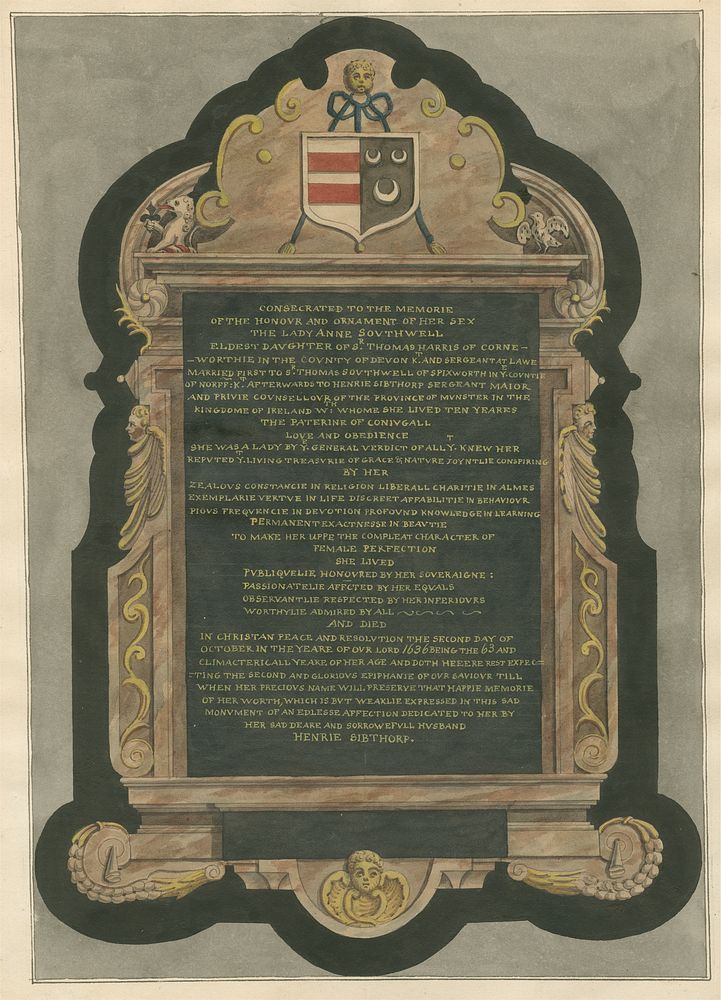 Memorial of the Lady Anne Southwell from Acton Church, attributed to Daniel Lysons