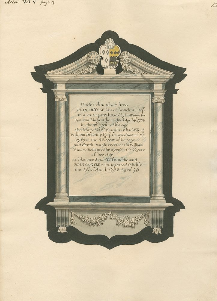 Memorial to John Crayle his wife, Sarah and his two Daughters, Mary and Sarah from Acton Church