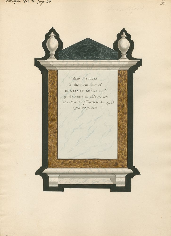 Memorial to Benjamin Lucas from Brentford Church, attributed to Daniel Lysons
