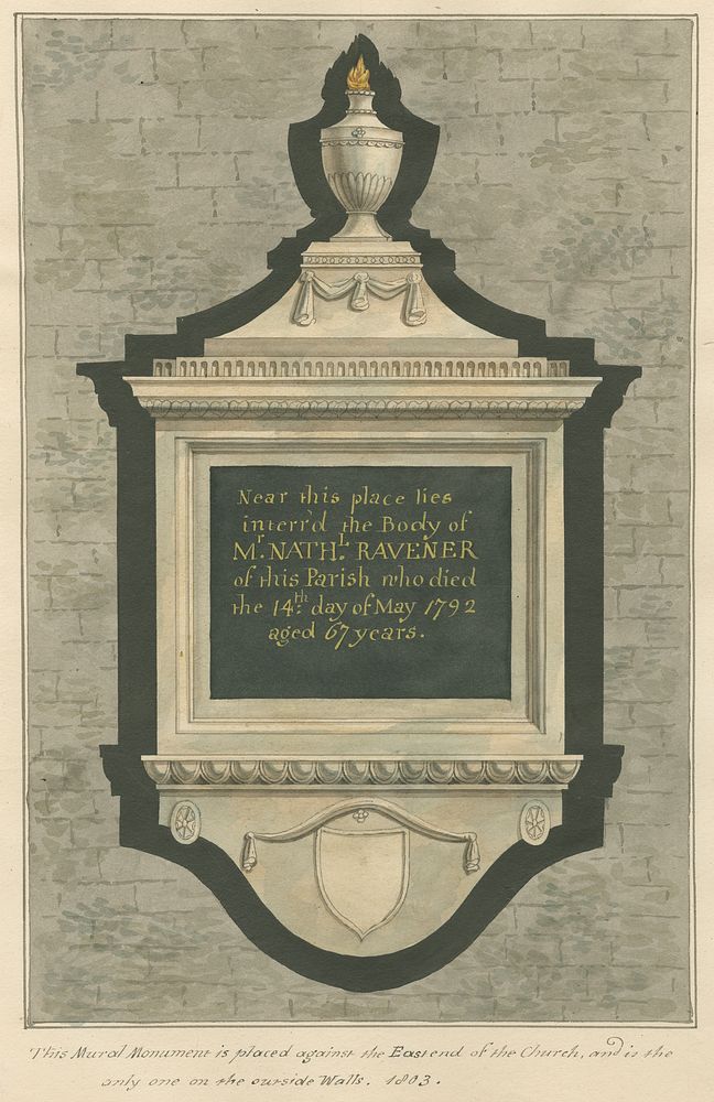 Memorial to Mr. Nathaniel Ravener from Greenford Church, attributed to Daniel Lysons