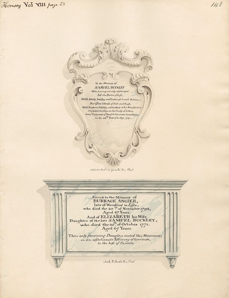 Memorial to Samuel Buckley, also to Burrage and Elizabeth Angler, attributed to Daniel Lysons