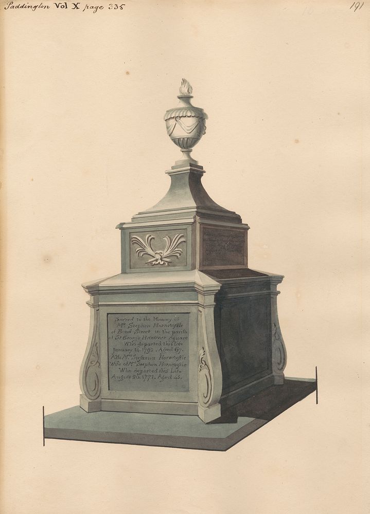 Tomb of Mr. Stephen Horncastle, his Wife Susanna and William Horncastle from Paddington Church, attributed to Daniel Lysons