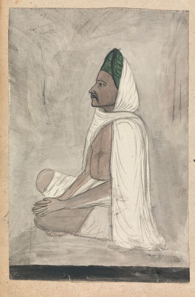 Man in a Green Turban Sitting Crosslegged by Gangaram Chintaman Tambat