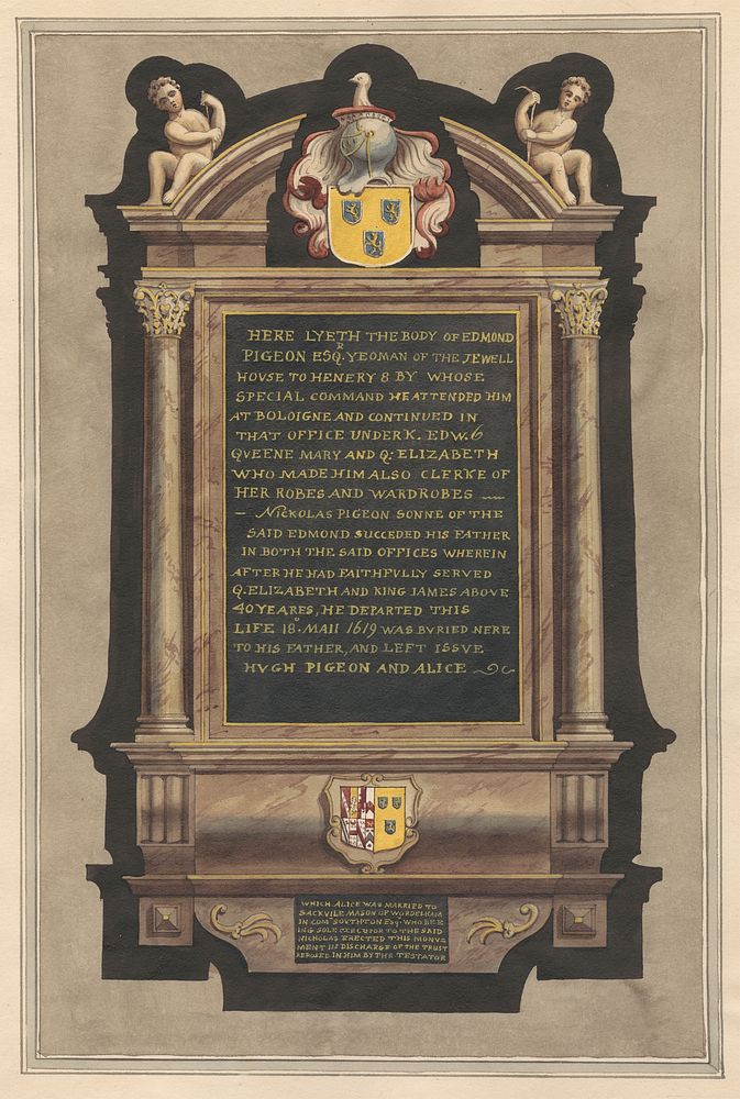 Memorial to Edmond Pigeon and Nickolas Pigeon from Hampton Church by Daniel Lysons