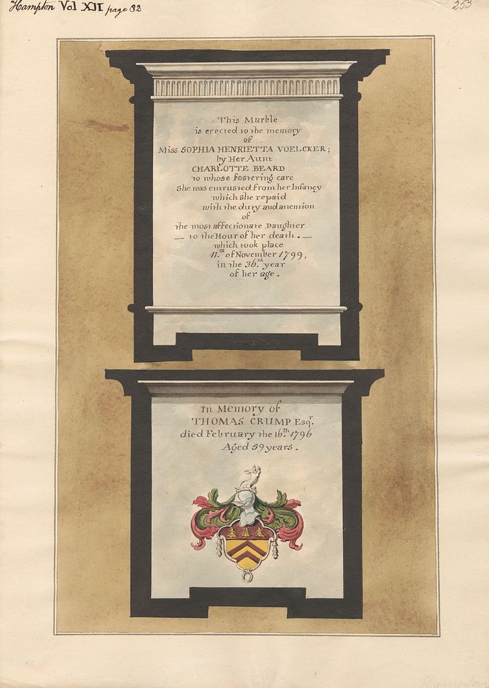 Memorials to Miss Sophia Henrietta Voelcker and Thomas Crump from Hampton Church by Daniel Lysons