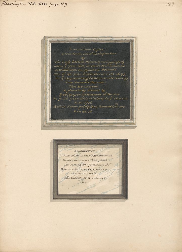 Memorials to Lady Letitia Poinez and Robert Cooper from Harlington Church by Daniel Lysons