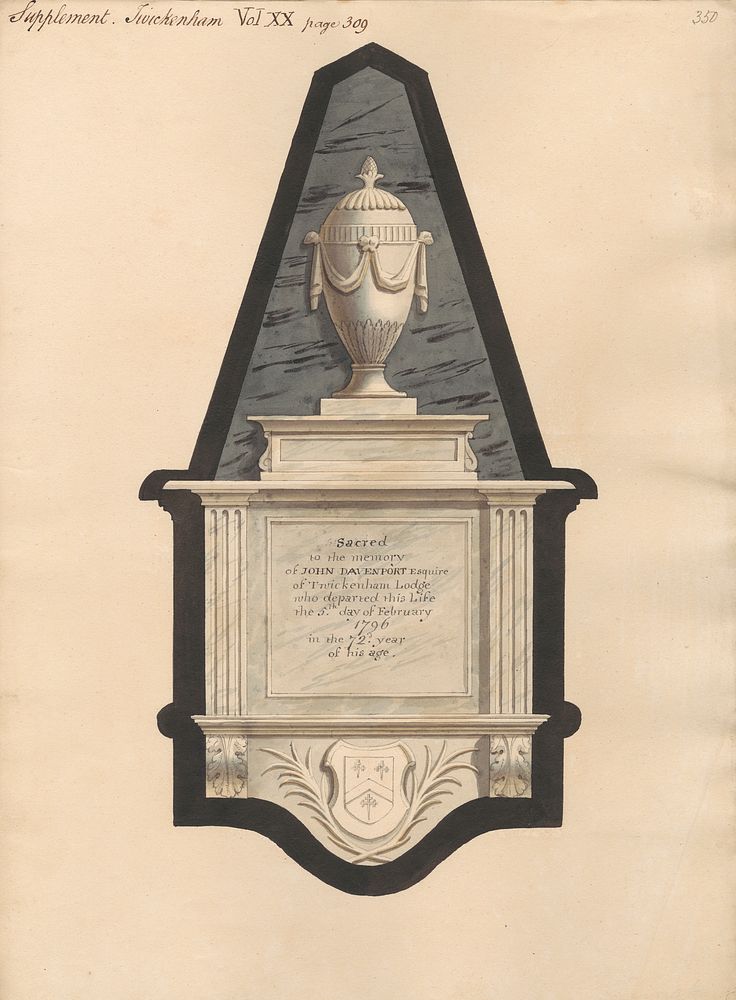 Memorial to John Davenport from Wickernham Church by Daniel Lysons