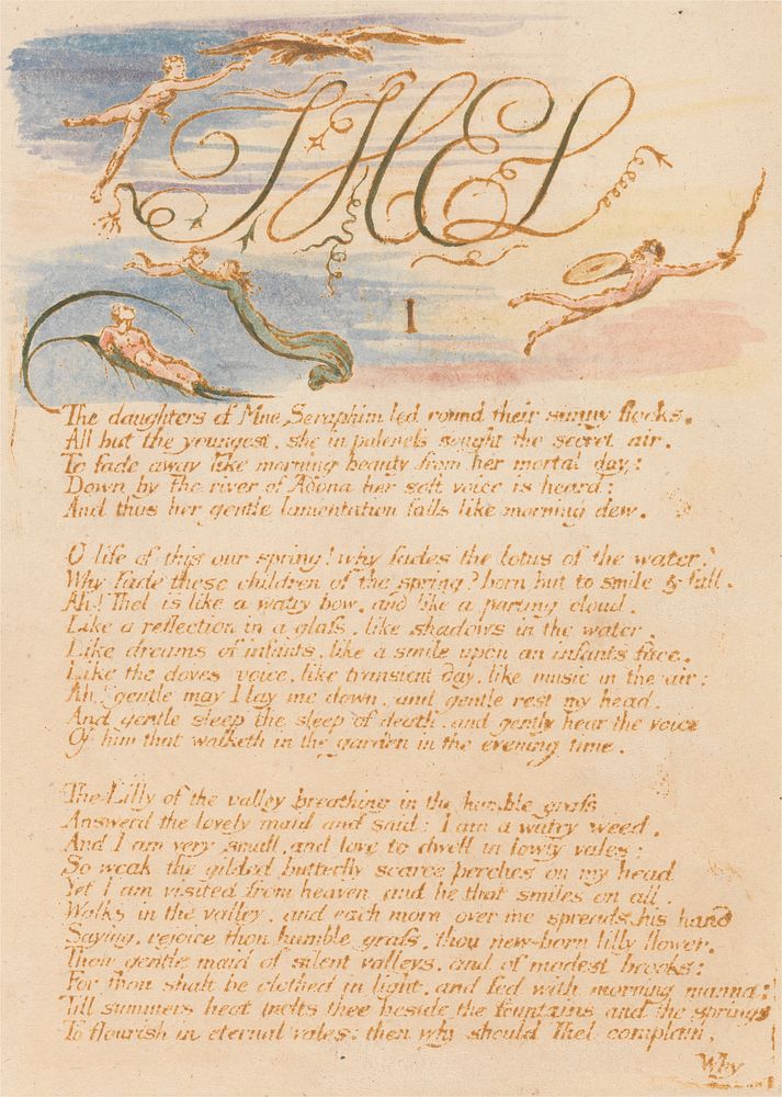 The Book of Thel, Plate 3, "Thel / I / The daughters of Mne Seraphim" by William Blake