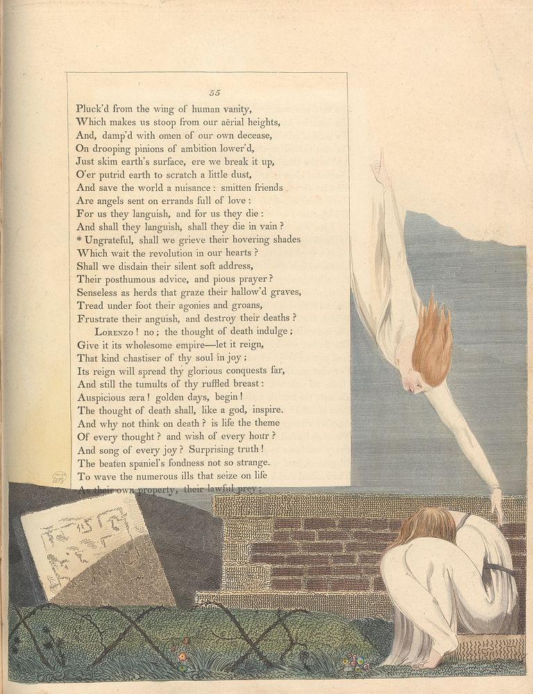 Young's Night Thoughts, Page 55, "Ungrateful, shall we grieve their hovering shades" by William Blake.