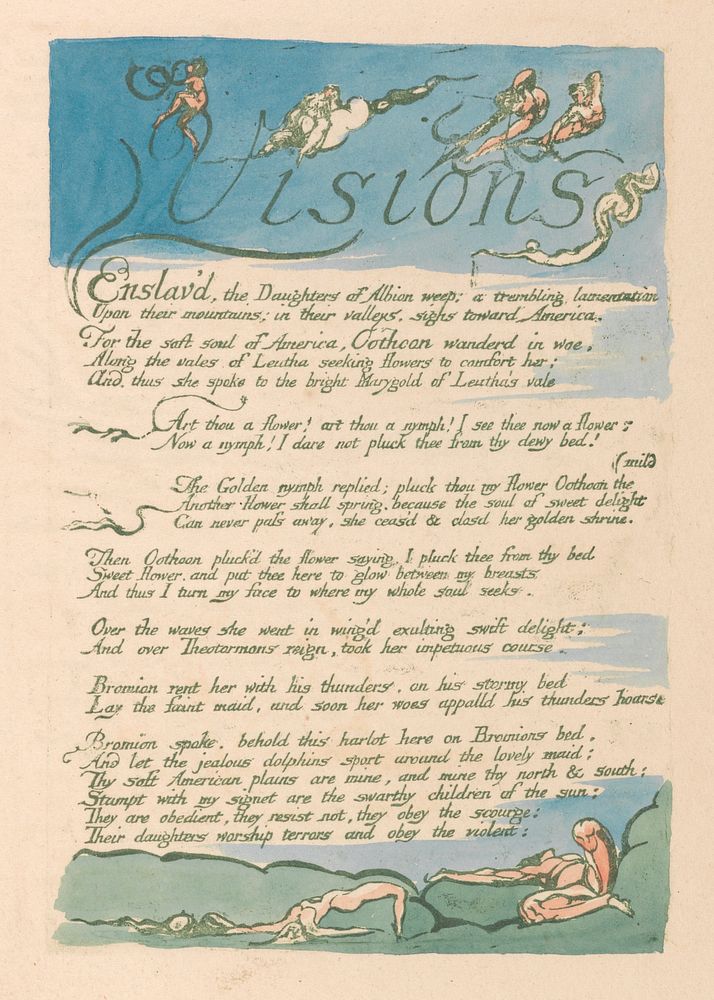 Visions of the Daughters of Albion, Plate 4, "Visions | Enslav'd the Daughters . . . . " by William Blake.
