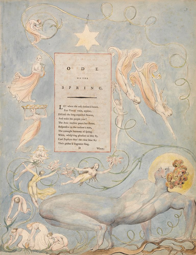 The Poems of Thomas Gray, Design 3, "Ode on the Spring." by William Blake. Original public domain image from Yale Center for…