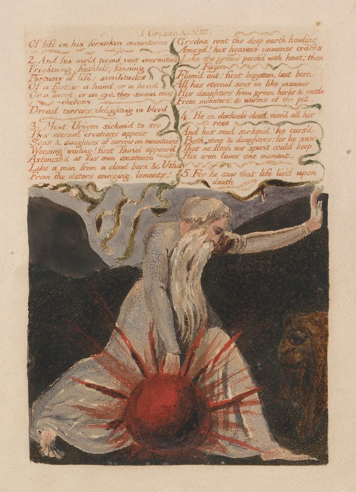 The First Book of Urizen, Plate 24, "Of Life Forsaken Mountains...." (Bentley 23) by William Blake.