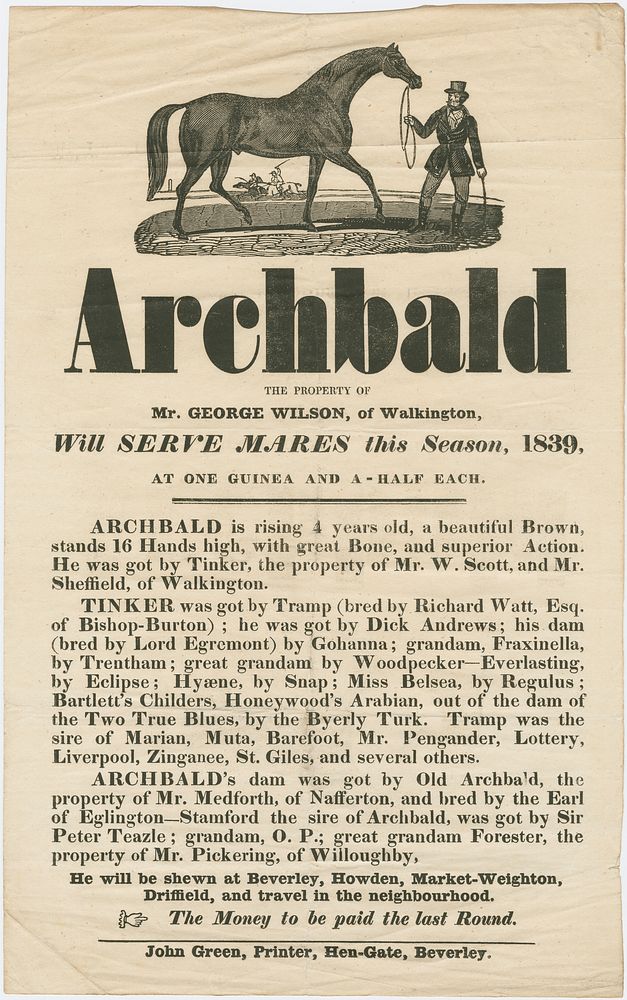 Archbald, the property of Mr. George Wilson, of Walkington, will serve mares this season, 1839, at one guinea and a-half…