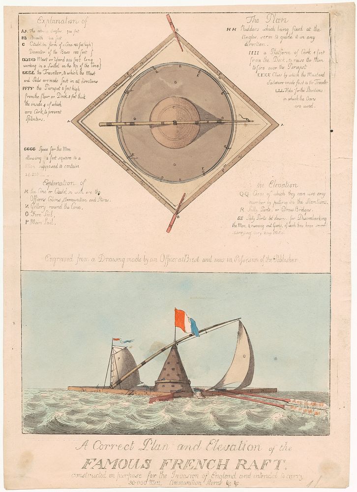 A correct plan and elevation of the famous French raft : constructed on purpose for the invasion of England and intended to…