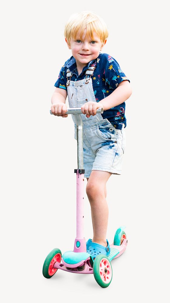 Boy riding scooter isolated image