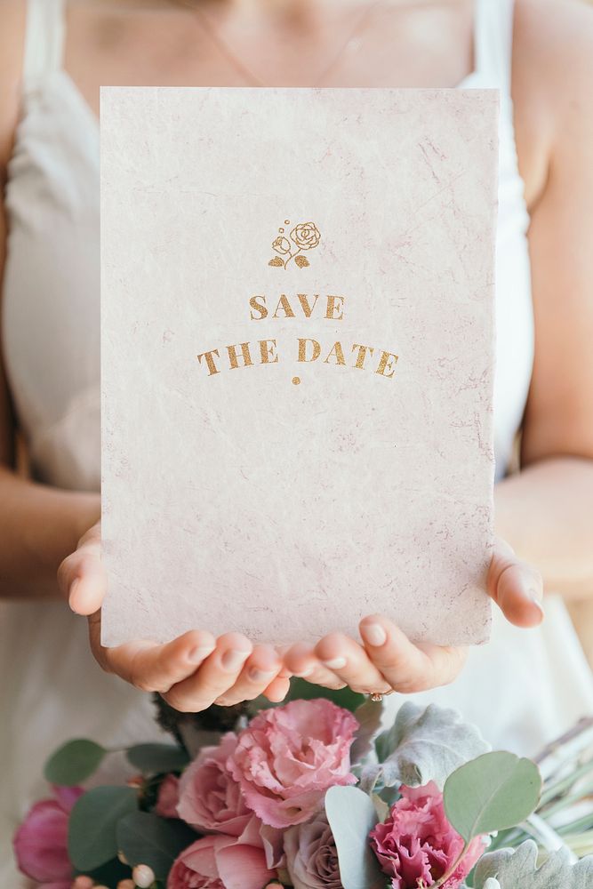 Bride holding a save the date card mockup