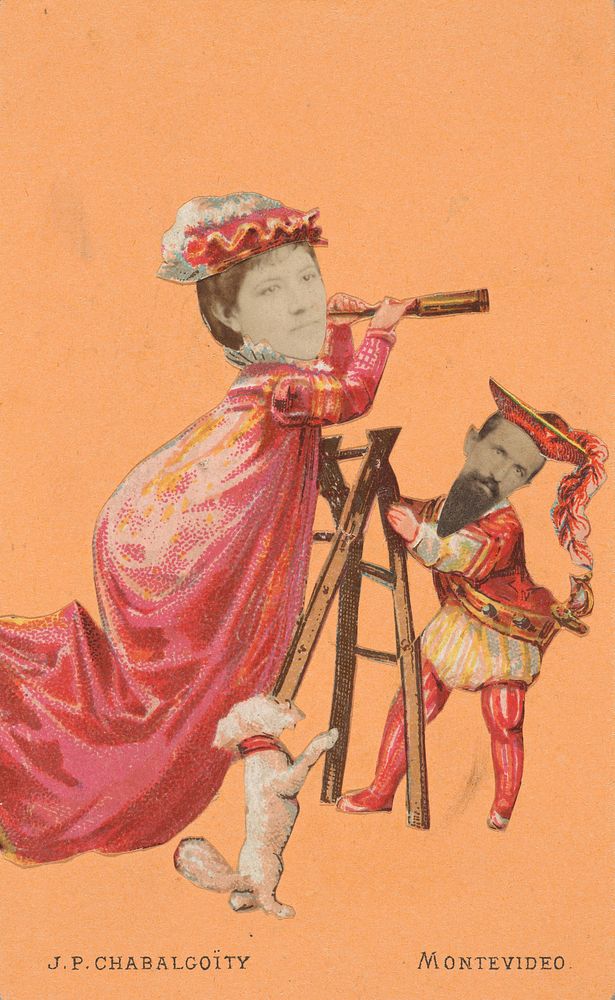 [Photo Collage: Woman on Ladder, Holding Spyglass with Man Holding Ladder, and Dog Standing on Hind Legs] by Juan Pedro…