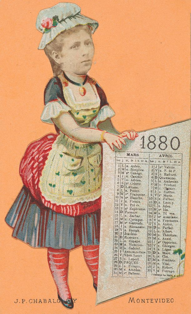 [Photo Collage: Woman Holding 1880" Calendar for March and April] by Juan Pedro Chabalgoity (Uruguayan, 1848&ndash;1909)