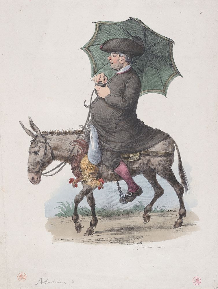 Man riding a donkey holding an umbrella and two roosters