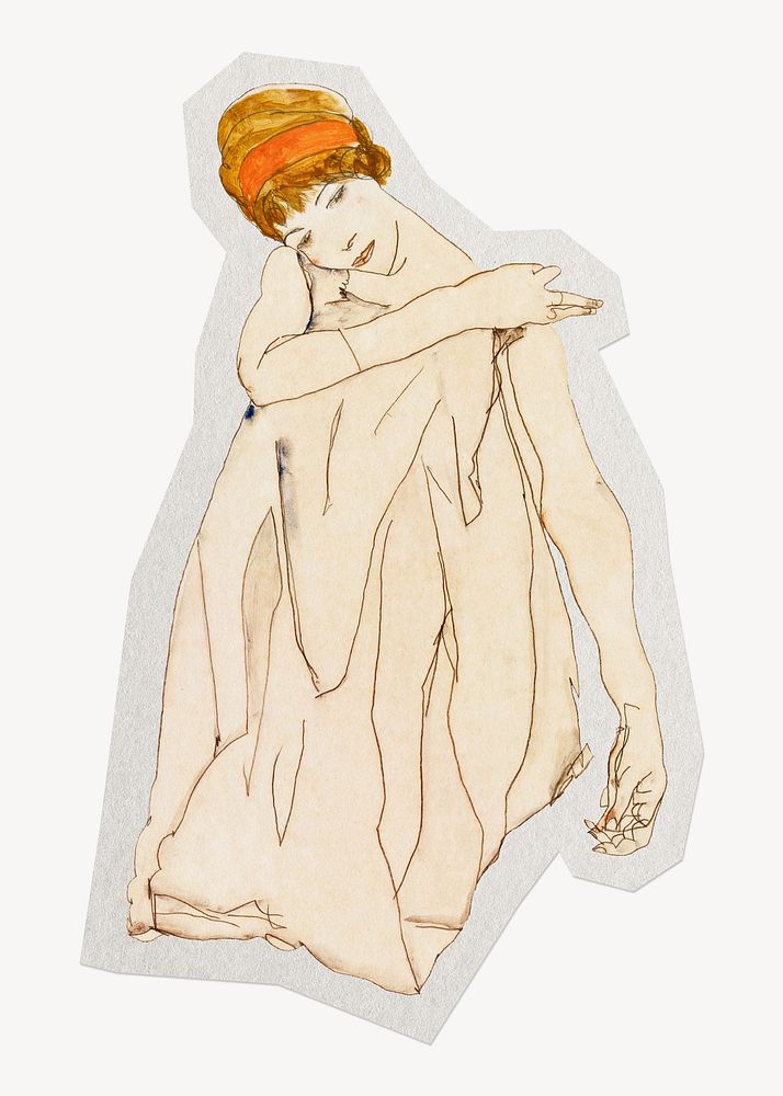 Egon Schiele&rsquo;s Dancer paper element with white border, line art drawing, artwork remixed by rawpixel.