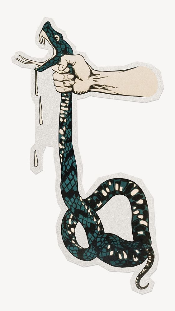 Hand squeezing paper element with white border venomous snake's neck. 