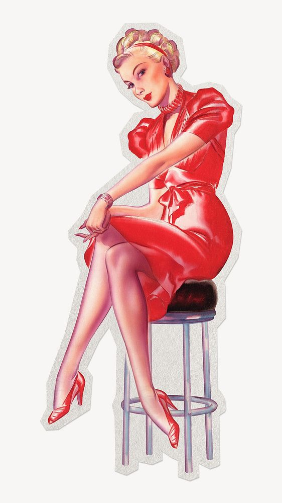 Hot woman red dress paper element with white border