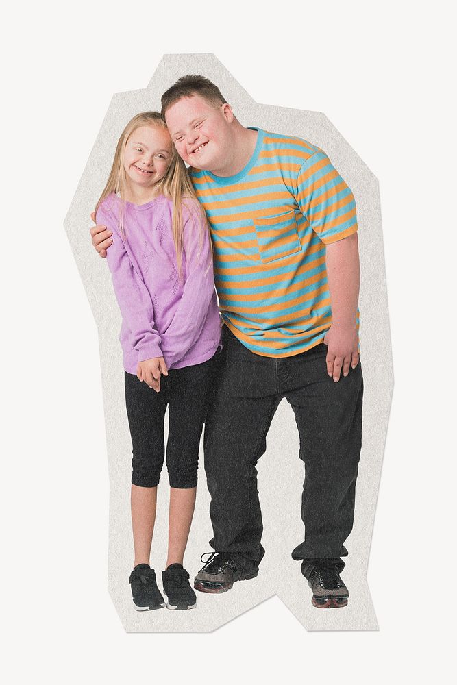 Cute siblings, people with down syndrome paper element white border