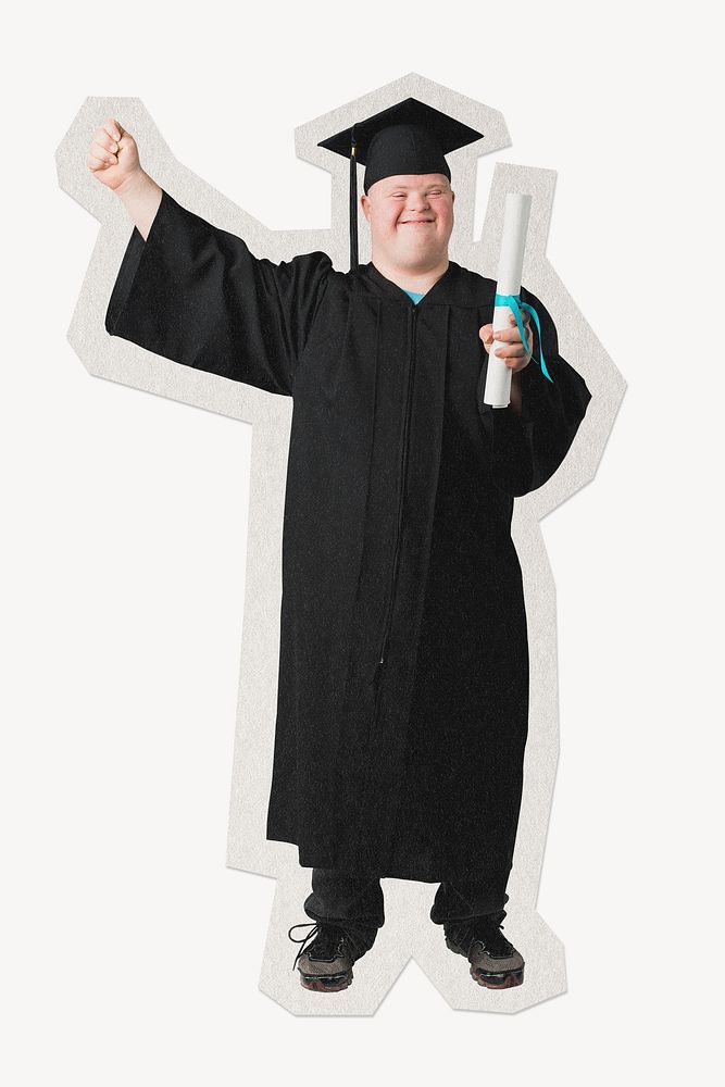 Happy boy with down syndrome in a graduation gown paper element with white border