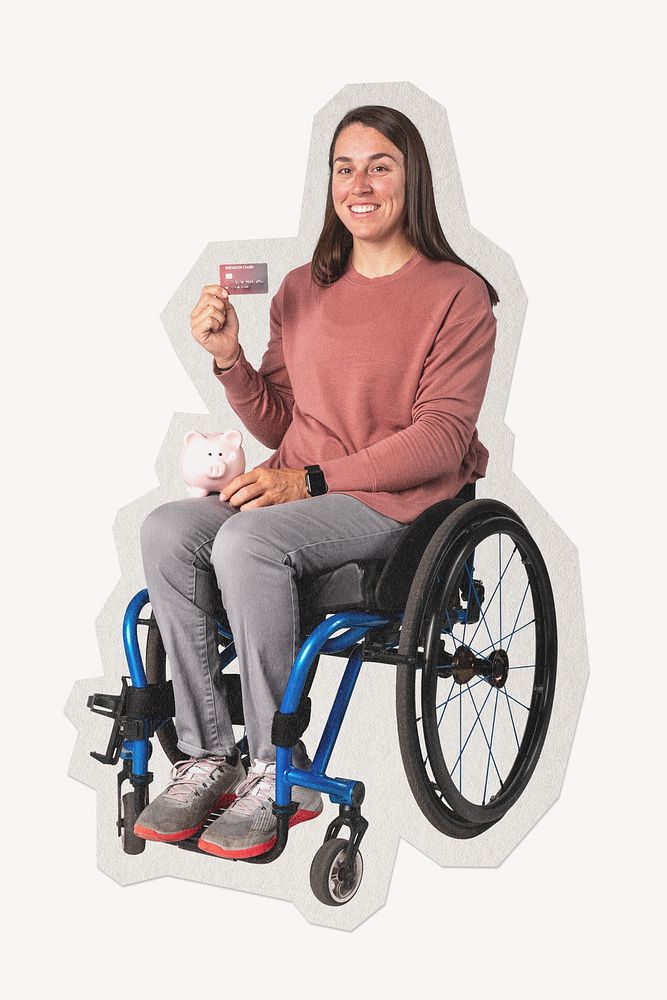 Cool woman on a wheelchair showing a premium credit card paper element with white border