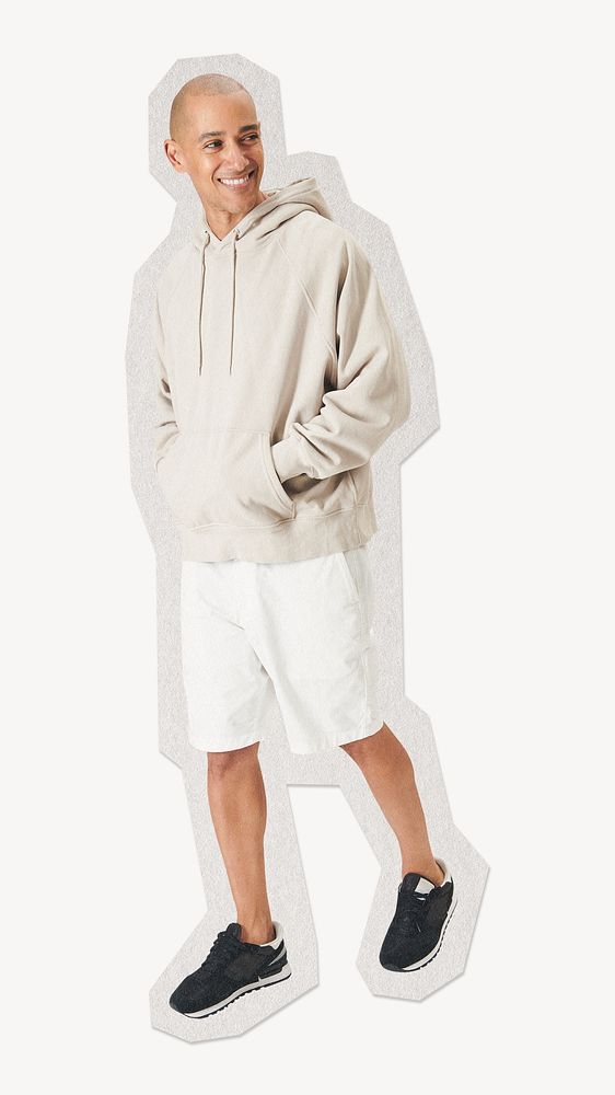 Man wearing  beige hoodie paper element with white border