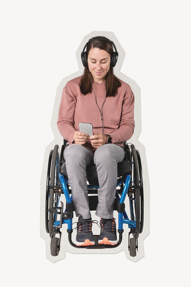 Cool woman in a wheelchair listening to music paper cut isolated design