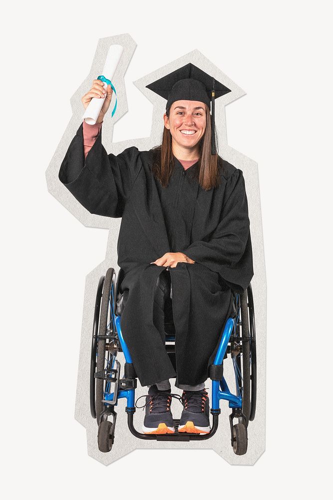 Happy girl in a wheelchair holding her diploma paper cut isolated design
