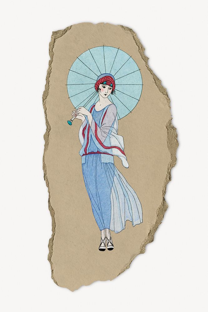 Beautiful woman with umbrella illustration, remix from artworks by George Barbier, ripped paper. Remixed by rawpixel.