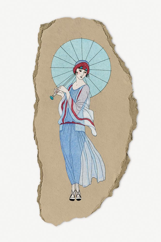 Ripped paper mockup, beautiful woman with umbrella, artwork by George Barbier psd. Remixed by rawpixel.