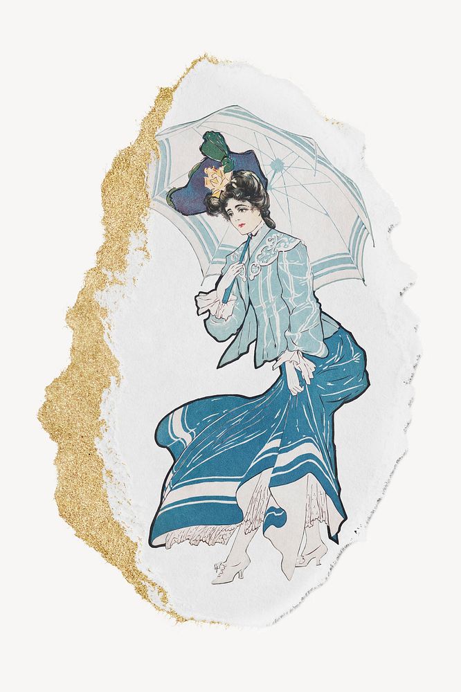 Woman with blue umbrella illustration, ripped paper. Remixed by rawpixel.