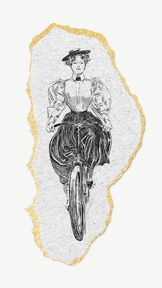 Ripped paper mockup, vintage female cyclist illustration psd. Remixed by rawpixel.
