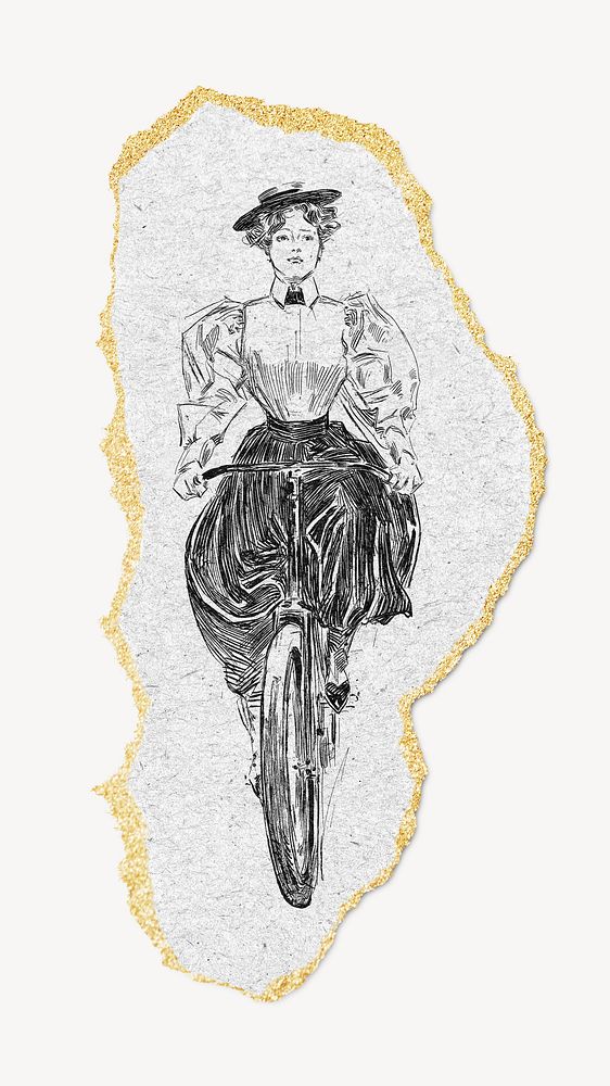 Vintage female cyclist illustration, ripped paper. Remixed by rawpixel.