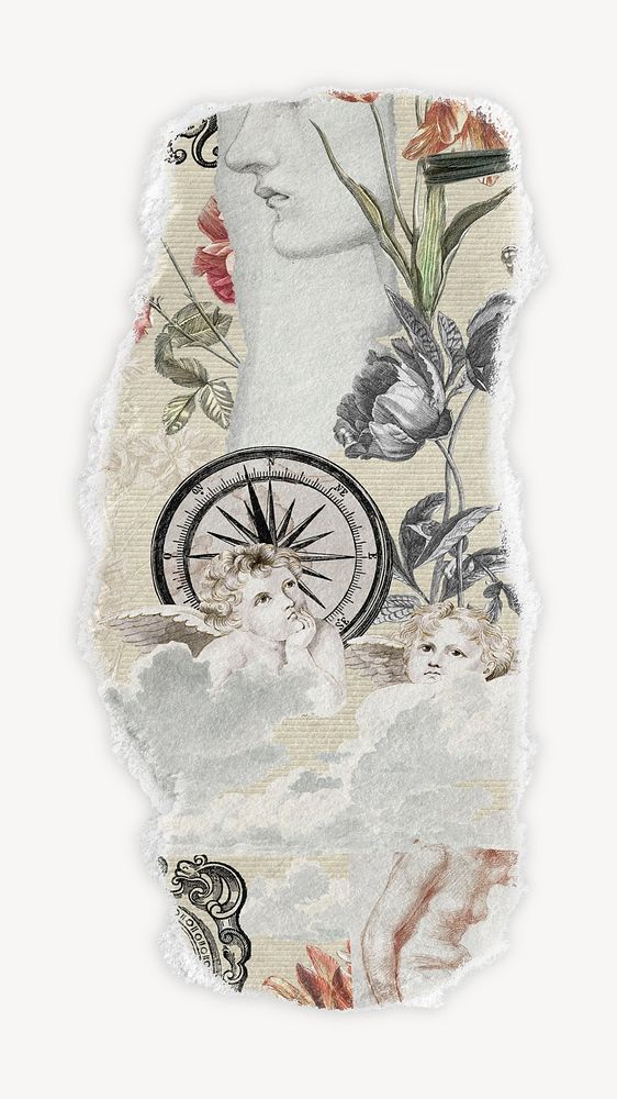 Vintage floral compass, ripped paper. Remixed by rawpixel.