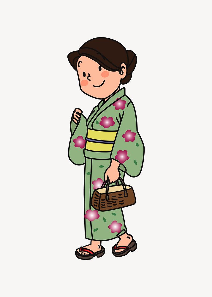 Woman in kimono traditional Japanese clothing illustration. Free public domain CC0 image.