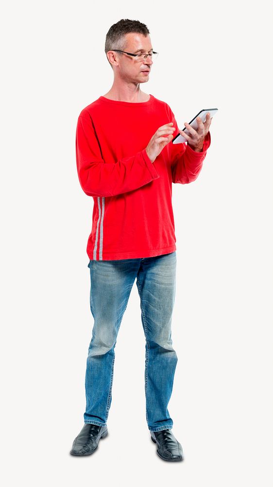 Mature man using tablet, isolated image