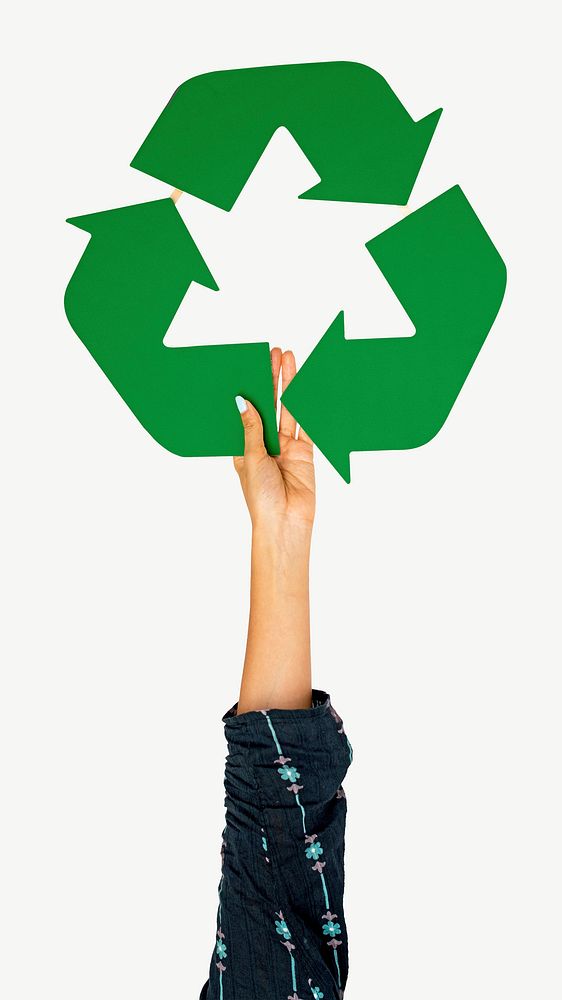 Hand holding recycle icon collage element psd