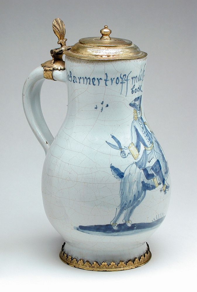 Pear-Shaped Jug with the 'Tailor on the Goat' by Hanau Faïence Factory