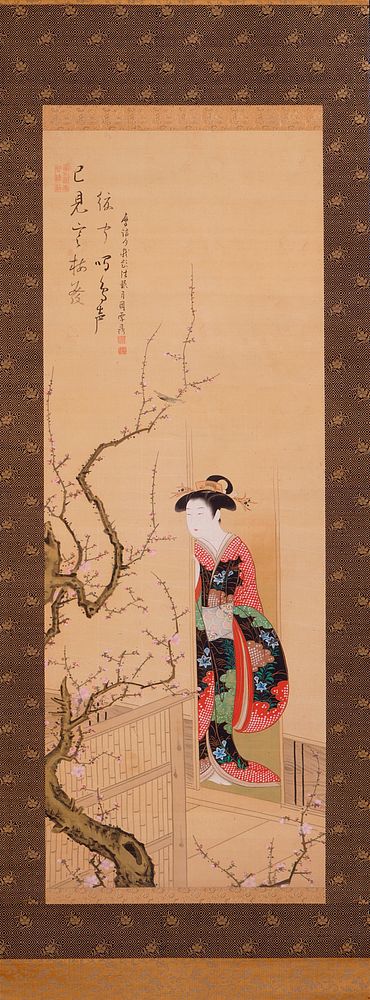 Beauty Admiring a Warbler on a Plum Tree by Tsukioka Settei