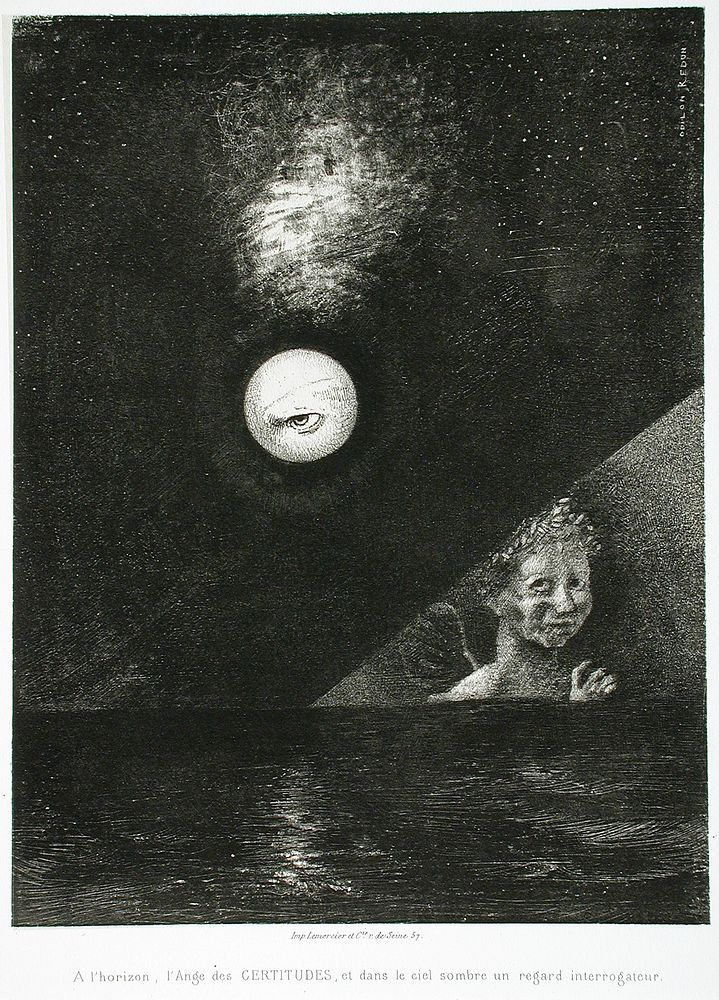 À Edgar Poe (À l'horizon l'Ange des Certitudes, et dans le ciel sombre, un regard intérrogateur) by Odilon Redon