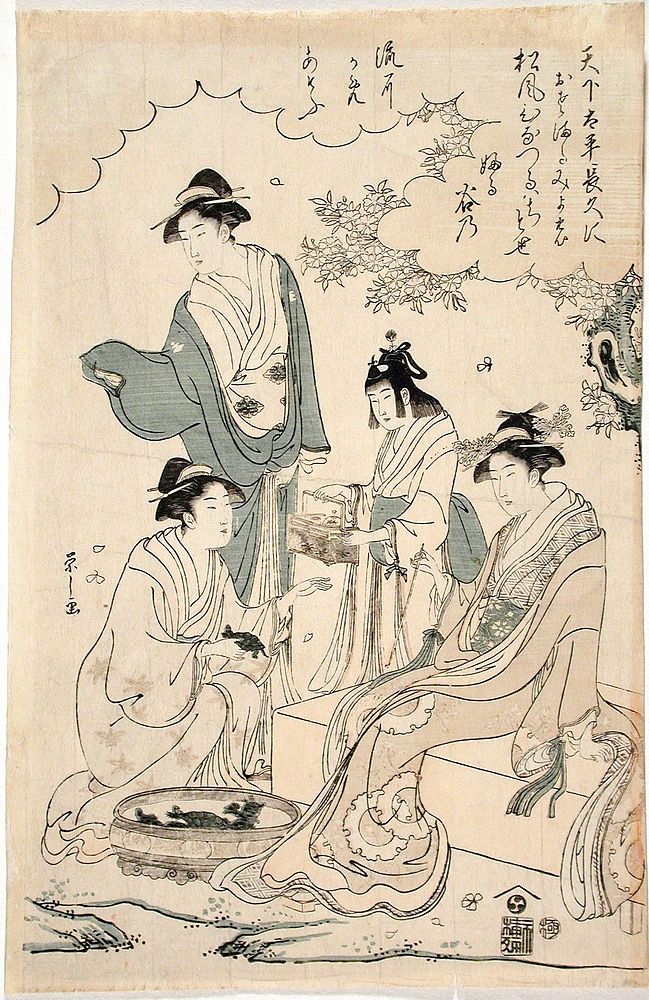 Ladies Viewing Cherry Blossoms beside a Stream by Chōbunsai Eishi