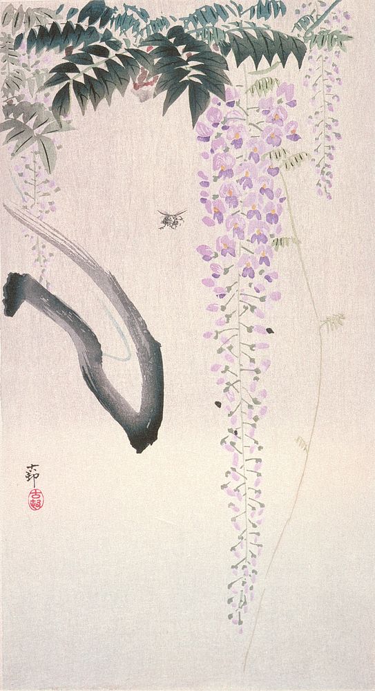 Wisteria and Wasp by Ohara Shōson