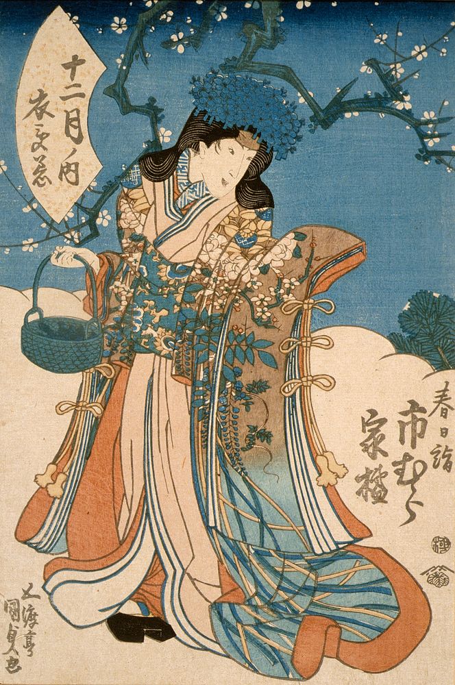 The Actor Ichimura Kakitsu in a Female Role Representing the Second Month by Utagawa Kunisada